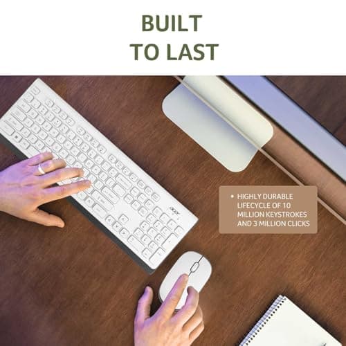 Acer Wireless Keyboard & Mouse Combo with Attractive Durable Design, 2.4GHz Nano Receiver, 10m Range, Indian Rupee Key Code, 1600 DPI, 10M Keystrokes Life for Microsoft Windows and Mac OS (White/Grey) 5