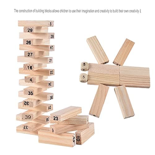 PRIME DEALS Wooden Blocks 51 Pcs 4 Dice Building Blocks Game Challenging Tumbling Tower, Wooden Stacking Toys with Dices Board Educational Puzzle Game for Adults and Kids (Wooden) 3