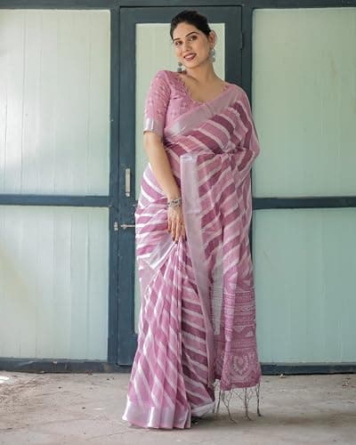 Kaugalian store Linen Cotton Stripe Printed Pink Saree For Women With Unstitched Blouse Piece 4