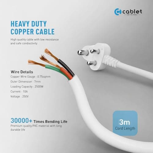 Cablet Extension Board 3 Meter Cable, 2500W 10A, 4 Universal Multi Plug Socket, 4 Individual Switches, 3 Mtr Heavy Duty Cord, LED Indicator, Power Strip for Home & Office Use 5