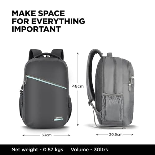 American Tourister Acton | 30L Backpack | 17" Laptop Bag | 3.5 Compartments | College & Office Backpack for Men and Women | Rain Cover Included | Grey | 1 Year Global Warranty 3