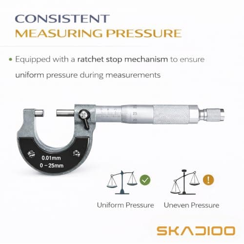 SKADIOO Micrometer 0-25mm, 0.01mm Precision Measurement Tool – Outside Micrometer with Ratchet Stop, Carbide Anvil, High Accuracy Machinist Tool for Metalworking & Engineering 5