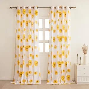 Homemonde Window 5 Feet Curtains Set Of 2 - Cotton Sheer Linen Printed Curtain For Living Room Decoration, White Sun Flower Drapes, 60 Inches - Grommet