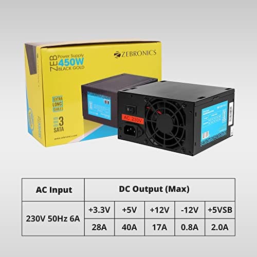 Zebronics 450W Black Gold Power Supply with 3X SATA connectors, 2X Molex, 80mm Built-in Fan, Extra Long Cables, 1.2 Meter Power Cable and Suitable for Regular use Computers 4