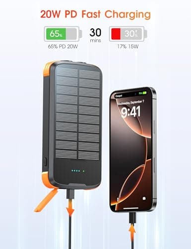 SOXONO Solar Charger Power Bank, PD 20W Fast Charging External Batter, 40000mAh Portable Phone Charger Built in 4 Cables with Dual Bright Flashlights for Camping, Hiking, and Outdoor Use 4
