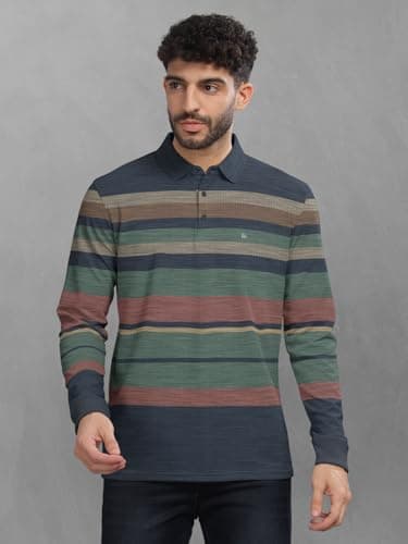 BULLMER Striped Textured Printed Polo Neck Fullsleeve T-Shirt with Rib for Men_Green_Medium 2