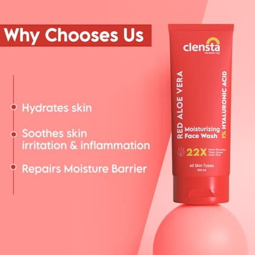 Clensta Red Aloe Vera Moisturizing Face Wash | Gentle Skin Cleanser With 0.1% Hyaluronic Acid & Aloe Vera Extract | For Daily Use | For Women & Men | Gentle Cleanser, Hydrating - 100Ml | New Launch 3