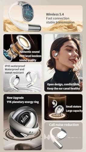VEHOP Ear Spin OWS Open Ear TWS Earbuds | 48Hrs of Playtime | Bluetooth v5.4 with AI-ENC | Skin Friendly Ear Hook | Environmental Awareness | 45ms Low Latency Gaming | IPX5 Water Resistance. (Beige) 2