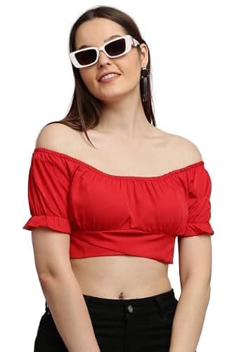 CLOTHINK INDIA Textiles || Women's Ruffle Short Sleeve Off Shoulder Tie Up Back Crop Blouse Top (Medium)