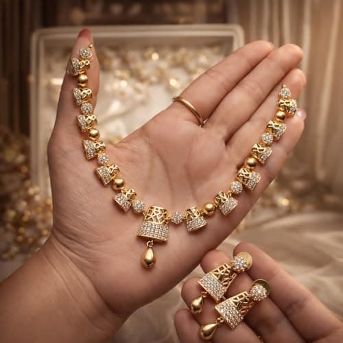 Dvina Glow Gold Plated Geometric CZ Necklace Set for Women | Lightweight Filigree Designer Jewellery with Earrings | Elegant Cubic Zirconia Necklace for Wedding & Festive Occasions 3