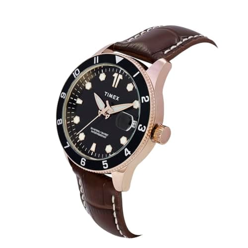 TIMEX Analog Watch for Man with Black Round Dial & Brown Leather Strap Band Water Resistant Men's Wrist Watches - TWEG30001 2