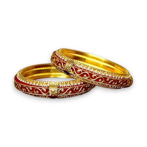 ACCESSHER Gold Plated Red Enamel Bangle Style Brass Kada for Women | Traditional Rajwadi Bangles with White Stones | Stylish Bangles Set for Girls and Women (2.8)