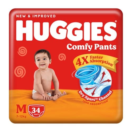 Huggies Comfy Pants Baby Diaper, Medium (M) Size (7-12 Kgs), Pack of 34
