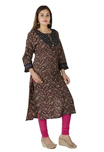 Tribes India Women's Cotton Straight Kurta (1STXWOMRJ05722_A_S_Maroon & Black_Small) 2