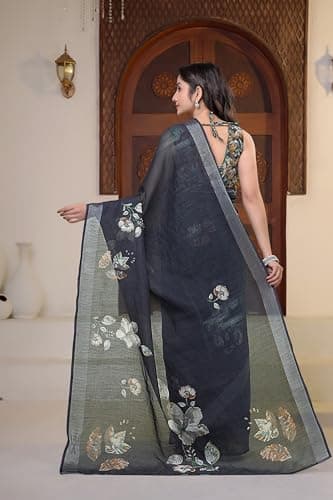 Women's Navy Blue Floral Saree with Blouse, Traditional Indian Ethnic Wear 4