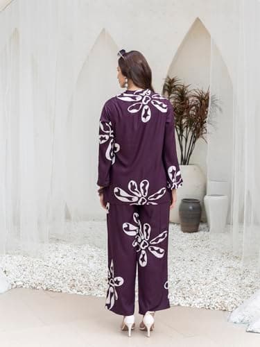 TITTLI Printed Rayon Co-Ord Set for Women | Mandarin V-Neck Full Sleeves Tunic with Slit Detail & Relaxed Fit Trousers | Casual Wear Outfit | Women's Printed Co-Ord Set for Summers Wine 3