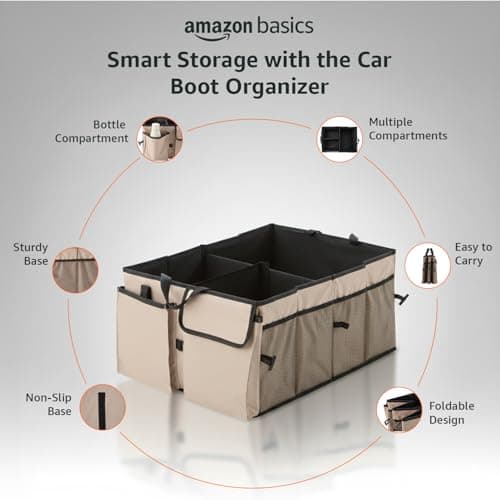 Amazon Basics Car Boot Organizer with 3 Large Compartments & 8 Mesh Pockets | Foldable 600D Oxford Storage Box with Lid & Securing Straps (Beige, 58×43×27 cm) 2