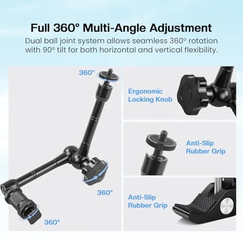 Hiffin 11"/28cm Adjustable Magic Arm with Super Clamp, 1/4" & 3/8" Threads, 1/4" Screws for Flash/LED Light/Microphone/Monitor, Compatible with All Camera Cage, Max Load: 4.4lb/2kg 2