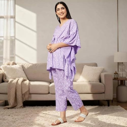 Aaheli Women’s Rayon Printed Maternity Kaftan Top & Pant Set – Soft Lavender | Comfortable Nursing Wear | V-Neck Feeding Pyjama Set for Pregnancy | Lavender, XL 4