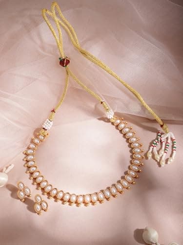 Rubans 22K Gold-Plated Handcrafted Artificial Jewelry Oval Choker Set with Pearl Studded And Matching Earrings For Women and Girls – Perfect for Weddings and Special Occasions 4