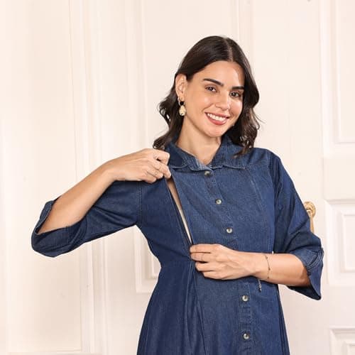 MomToBe Women's Cotton Maternity Denim/Pregnancy Dress/Easy Breastfeeding/Western Dress with Zippers for Nursing Pre and Post Pregnancy (Dark Blue - Large) 5