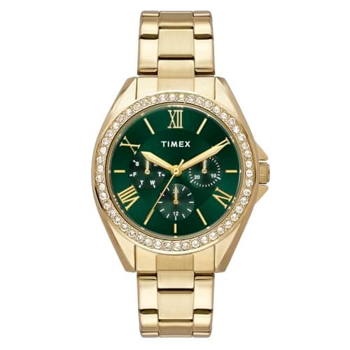 TIMEX Analog Watch for Woman with Green Round Dial & Gold Stainless Steel Bracelet Band Water Resistant Women's Wrist Watches - TWEL253SMU02