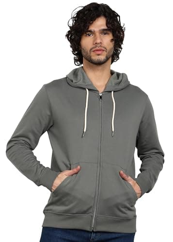 Alan Jones Clothing Men's Solid Hooded Sweatshirt | Zip-Up Hoodie Jacket with Kangaroo Pocket, Drawstring Hood & Ribbed Hem | Casual Winterwear (Dark Sage_L)