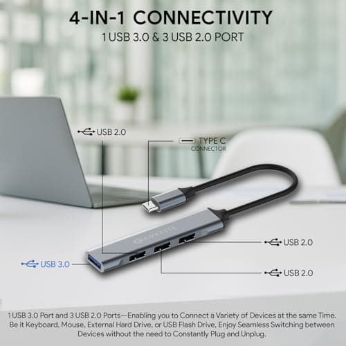 Amkette USB C Hub 4 Port Type C Hub for Laptop/PC with USB 3.0 Port for 5 Gbps Superspeed Data Transmission,1*USB 3.0 Ports, 3*USB 2.0 Port,Sleek Metal Design,Universally Compatible 2
