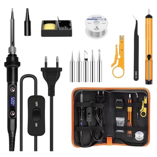 ElectroSea 13-in-1 Soldering Iron Tool Kit 80W Fast Heat up LCD Soldering Gun Welding Tools with ON/OFF Switch, 180-500°C Adjustable Temp Range, Includes Tips, Desoldering Pump, Stand, Tweezers
