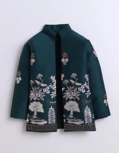 Akshita Trading Boys Embroidered Jacket and Pant Set, Teal Green, Floral Design, Traditional Ethnic Wear (Green, 12-13 Years) 3
