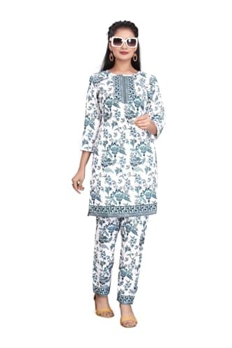 SHAVIDR ENTERPRISE Woomen Attractive Graceful Printed Cotton Skay Co-Ord Set Kurti with Bottom-XL Turquoise