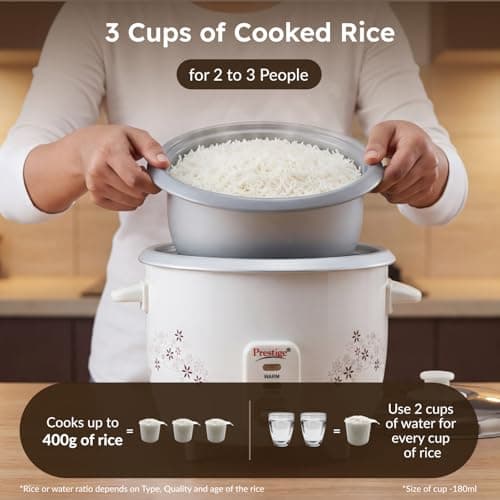 Prestige Delight PRWO 1.0 L Electric Rice Cooker|Detachable power cord|Durable body|Cool touch handles|White| Raw capacity-0.4L|Cooked capacity-1L|Cooks for a family of 2 to 3 members 4