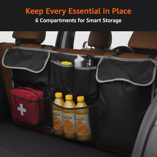 Amazon Basics Car Hanging Trunk Organizer – 6 Compartments, Durable 600D Oxford, Adjustable Straps, Foldable Boot Storage Bag, Black 3