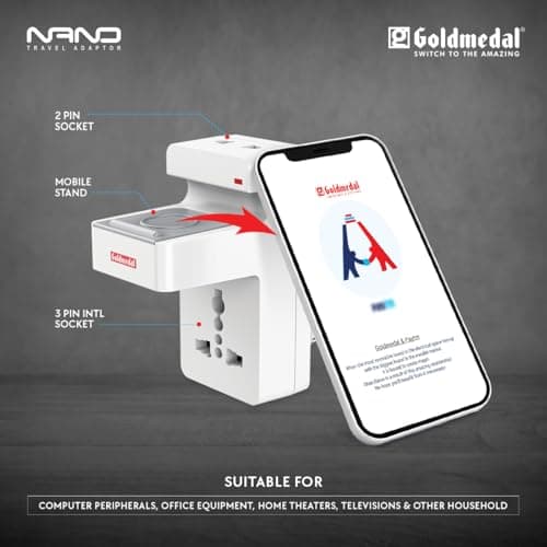 Goldmedal Nano 3 Pin Plug Travel Adaptor with Mobile Stand | LED Indicator | Multiplug for Home & Office | Supports 2-Pin & 3-Pin Plugs (Pack of 1) - White 5