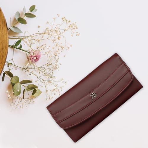 Rich Born Vegan PU Leather Dual Line Flap Wallet for Women | Ladies Tri-Fold Clutch Purse with Zip Coin Pocket, Card Holder, Cash Compartment | Stylish Long Travel Wallet for Girls (Maroon) 2