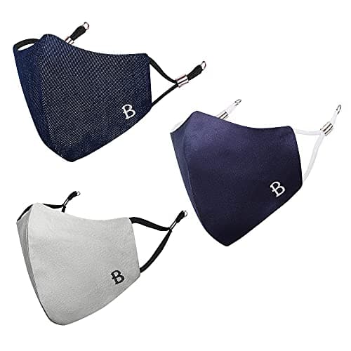 MASQ Alphabet B 4 Layer, Reusable, Breathable, Anti-Bacterial (BFE>99%) Embroidered 100% Pure Cotton Cloth Face Mask Combo with Ear Adjusters for Unisex, Men, Women (Navy-Grey-Denim, Pack of 3)