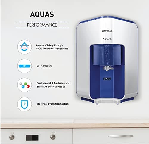 Havells AQUAS Water Purifier (White and Blue), RO+UF, Copper+Zinc+Minerals, 5 stage Purification, 7L Tank, Suitable for Borewell, Tanker & Municipal Water 3