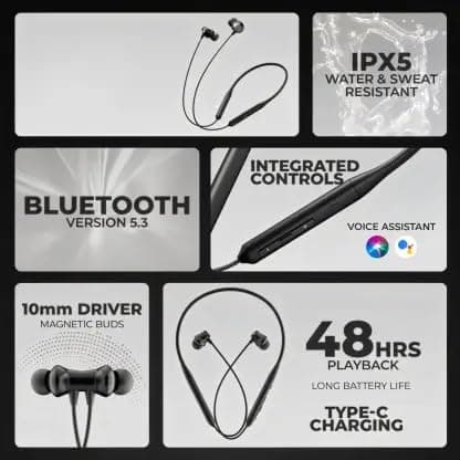 FD1 Bluetooth Neckband Headphones, Wireless in-Ear Earphones with Built-in Mic, Deep Bass, Long Battery Life, Black (Black) 4