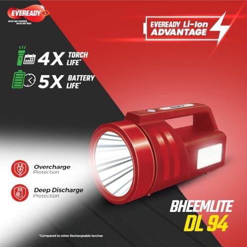 Eveready Bheemlite DL94, 4W Rechargeable LED Torch & 4W Sidelight, USB Type-C Fast Charging, 4 Light Modes, Overcharge & Deep Discharge Protection, Shoulder Strap Included, Powered by Li-ion Battery 5
