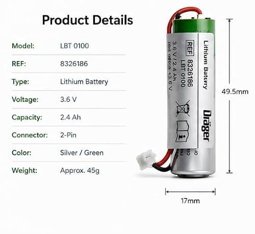 MICROUSB Designed for Drager LBT 0100 8326186 Compatible Rechargeable 3.6V 2400mAh Lithium Battery Pack of 1 4