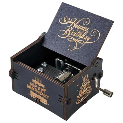 PATPAT Wooden Music Box Vintage Hand Crank Music Box Gift, 'Happy Birthday ' Retro Engraved Musical Toy, Hand Crank Musical Boxes Case Desk Decoration Happy Birthday Gift, 6.4x5.2x4.2cm