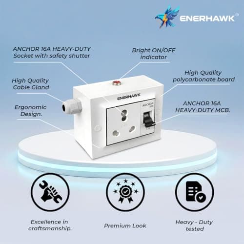 Heavy Duty Extension Board 16 amp 3200 watt | high Load Capacity Electric Extension Cord Power Strip 10 Meter Copper Cable | 16 amp Socket mcb for AC Refrigerator, Geyser, ev Charger Charging, Oven 3