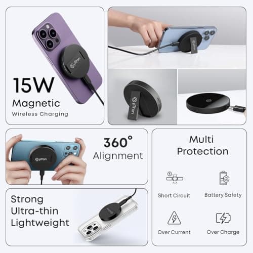 pTron Dynamo Ring V2 15W Magnetic Wireless Charger, Compatible with iPhone 15/14/13/12 Series, Samsung & Other Qi2 Enabled Devices, Compact & Sleek, 3A Type-C to Type-C 1m Cable Included (Ink Black) 5