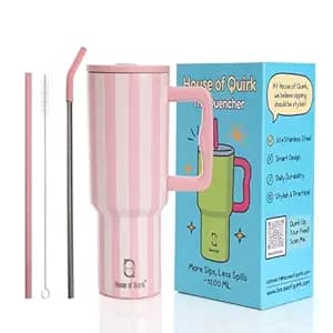 House of Quirk 1200ML Stainless Steel Tumbler with Handle & Lid, 2 Straws – Large Travel Mug Water Cup for Gym, Office & Outdoor Use (Rose Stripe)
