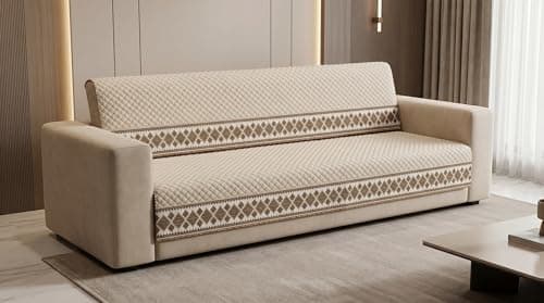 KINGLY Sofa Cover 5 Seater Set 3+1+1 Fully Covered - Royal Ivory Damask Quilted Traditional Couch Cover with PVC Pipe Anti Skid 2