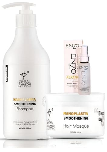 Global Amazon Secrets Original Nanoplastia Smoothening Shampoo & Hair Mask 500ml each, FREE ENZO Keratin Serum 100ml
