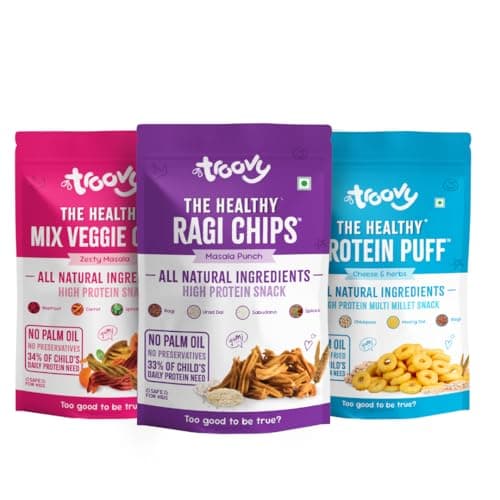 Troovy Healthy Chips & Puff Value pack | Tasty & High Protein Snacks | 30% Of Protein Needs | No Palm Oil, Cholesterol or Trans Fats | No Junk & Chemicals | Mix Vegetable chips (Zesty Masala , 70gm x 