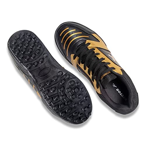 Vector X Striker Cricket Shoes Synthetic Leather Upper/PVC Sole Studs for Men Lace up Closure| Lightweight & Durable Footwear| Ideal for Turf, Ground & Hard Surfaces (Black-Gold, Size: 7)