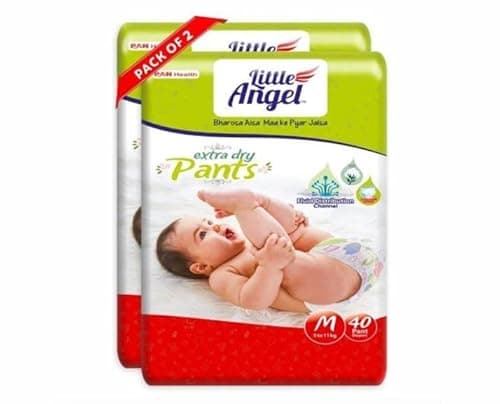 Little Angel Extra Dry Baby Pants Diaper, Medium (M) Size, 80 Count, Super Absorbent Core Up to 12 Hrs Protection & Wetness Indicator, Upto 5-11kg (40 count/pack, Pack of 2)