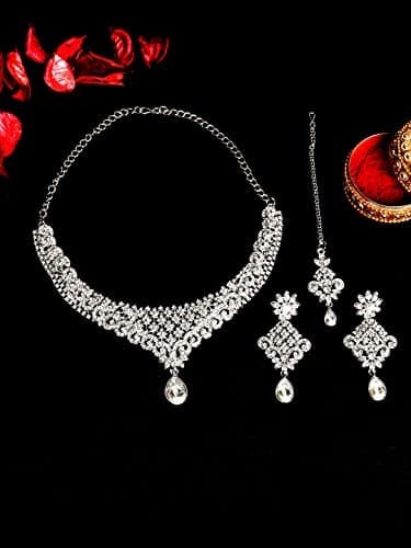 Atasi International Gold Plated Necklace with Earrings and Maang Tikka for Women - Jewellery Set for Party, Wedding, Engagement (Silver) (R1960) 3